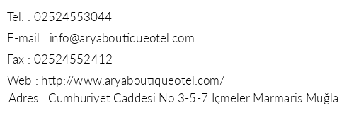 Arya Boutique Hotel telefon numaralar, faks, e-mail, posta adresi ve iletiim bilgileri